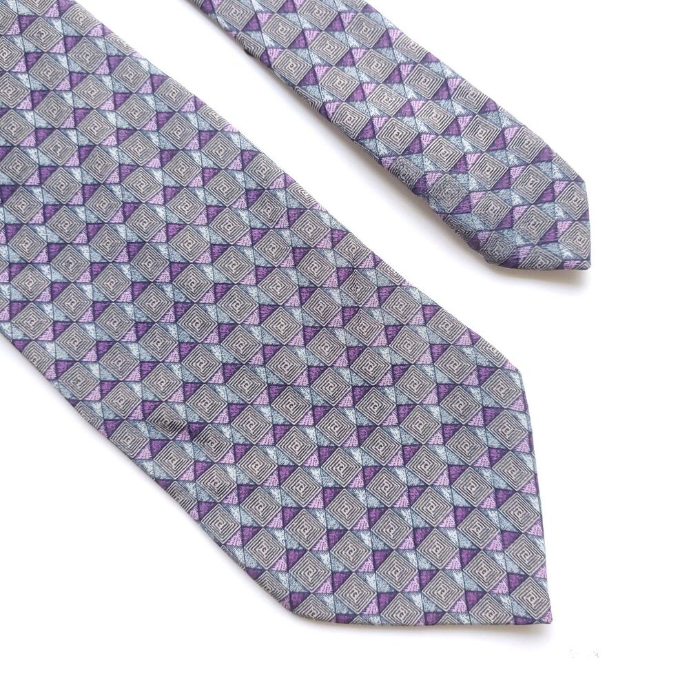 Brandini Silk Tie Long 61 x 3.5 Geometric Cubes Purple Gray Beige Made in Italy